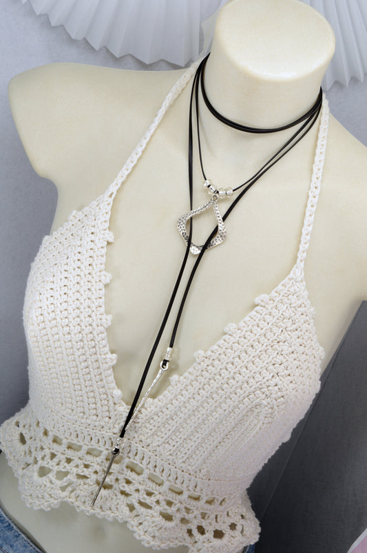 Black Leather Wrap Necklace – Modern Boho Choker with Hammered Silver Pendant – Festival, Yoga, Gypsy Jewelry