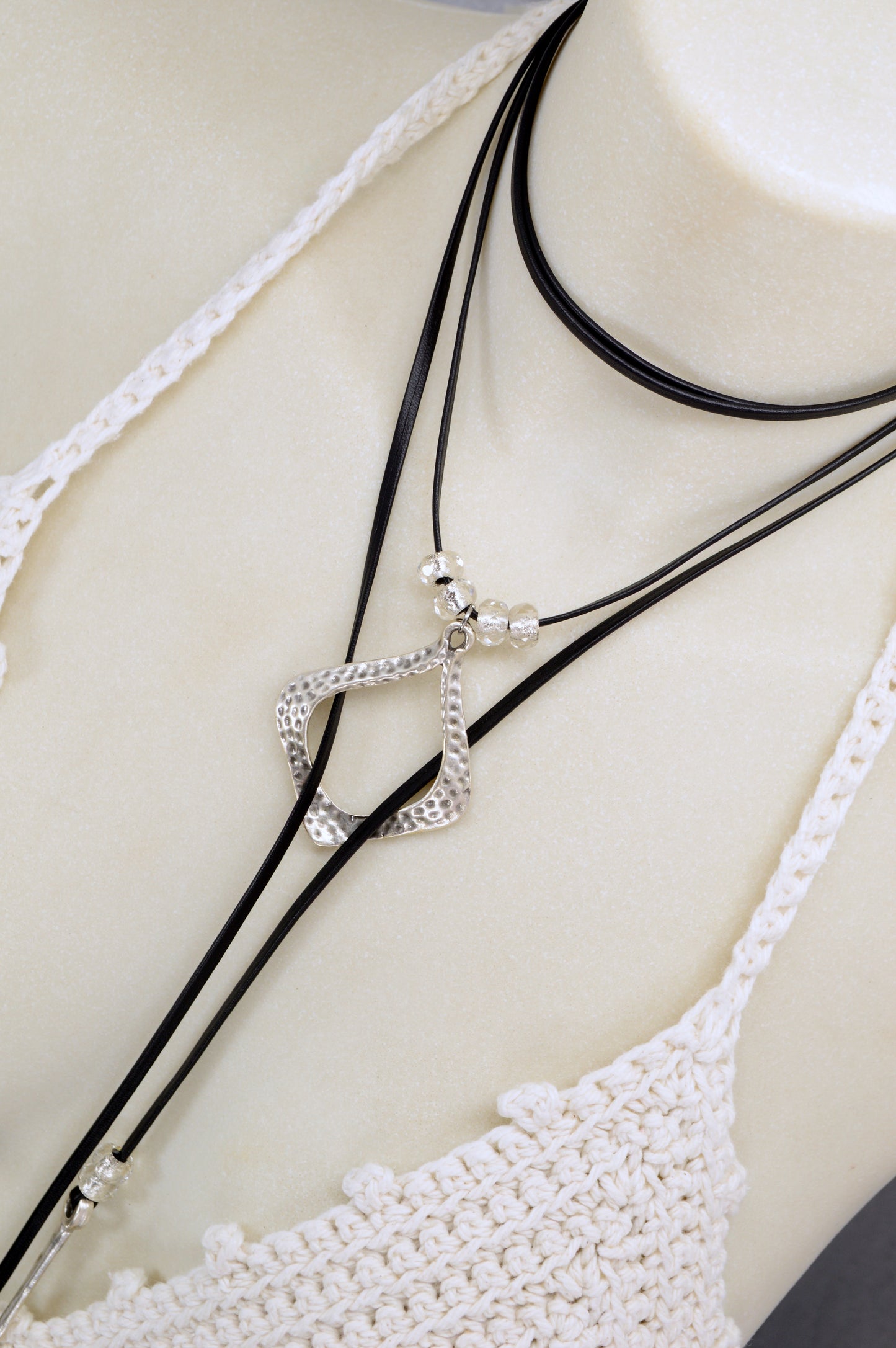 Black Leather Wrap Necklace – Modern Boho Choker with Hammered Silver Pendant – Festival, Yoga, Gypsy Jewelry