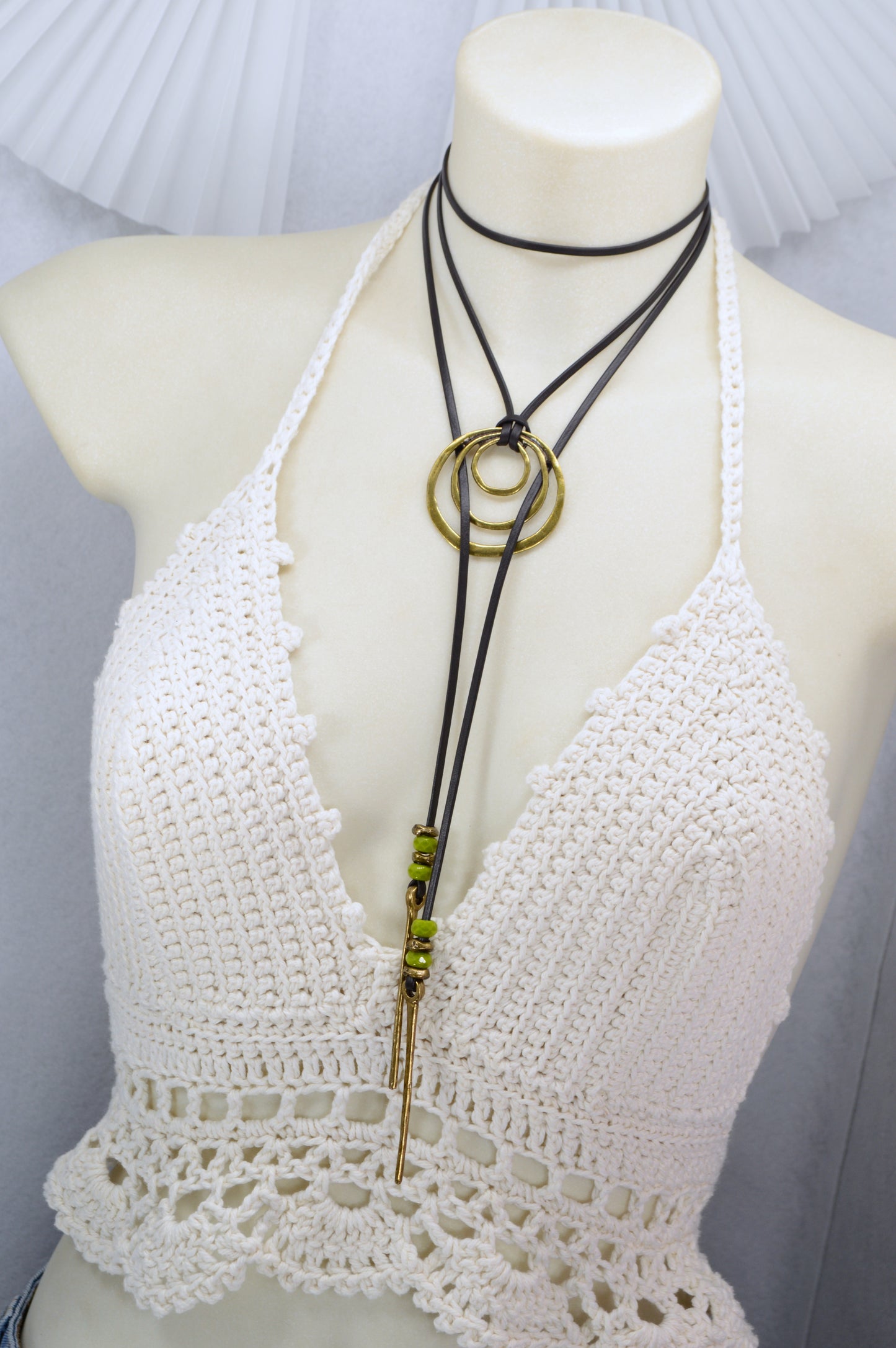 Boho Leather Wrap Necklace with Triple Rings – Handmade Festival Jewelry, Long Lariat Choker with Beads and Brass