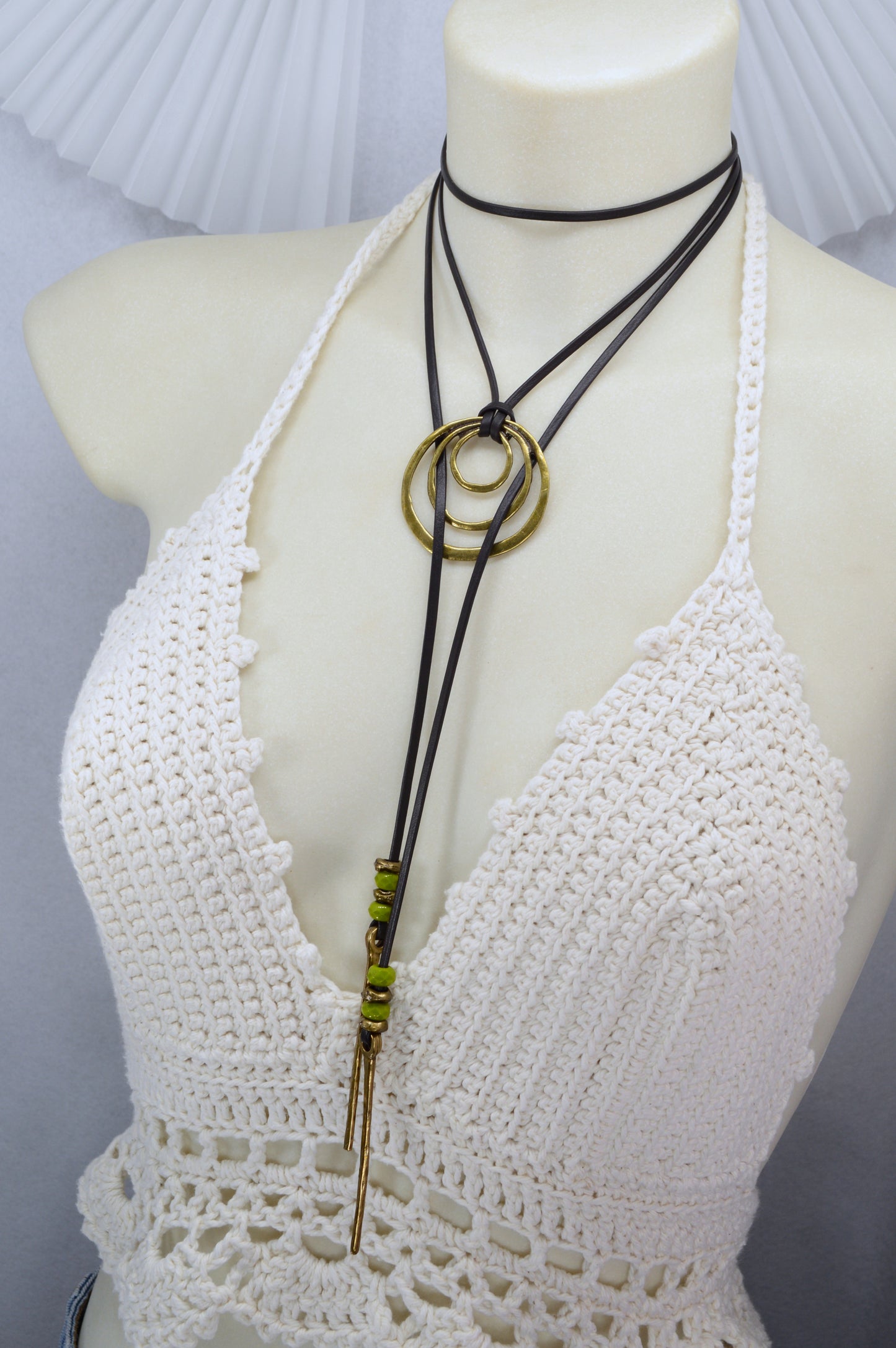 Boho Leather Wrap Necklace with Triple Rings – Handmade Festival Jewelry, Long Lariat Choker with Beads and Brass