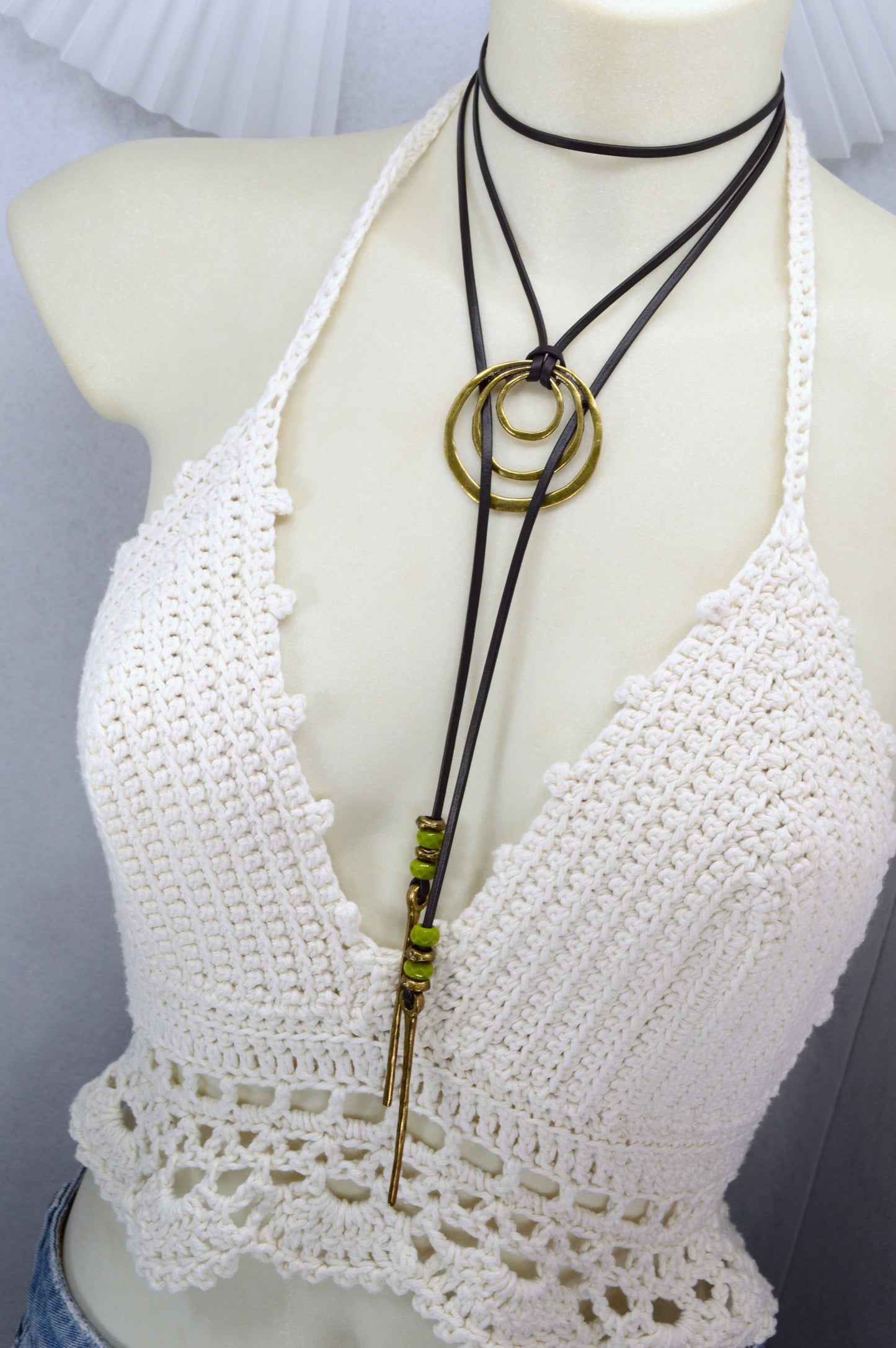 Boho Leather Wrap Necklace with Triple Rings – Handmade Festival Jewelry, Long Lariat Choker with Beads and Brass
