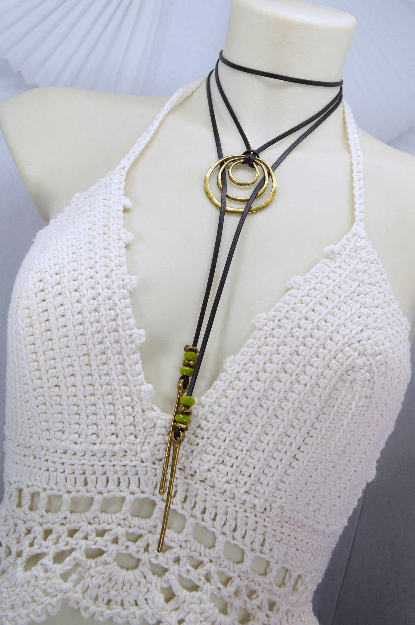 Boho Leather Wrap Necklace with Triple Rings – Handmade Festival Jewelry, Long Lariat Choker with Beads and Brass