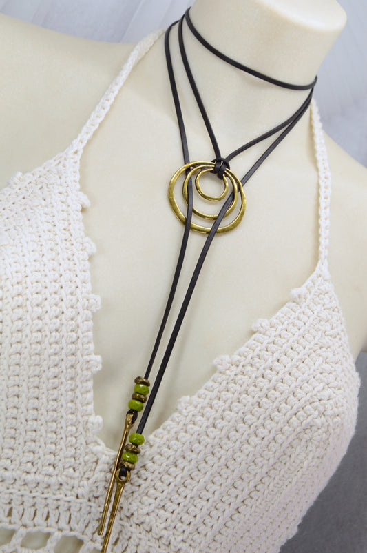 Boho Leather Wrap Necklace with Triple Rings – Handmade Festival Jewelry, Long Lariat Choker with Beads and Brass