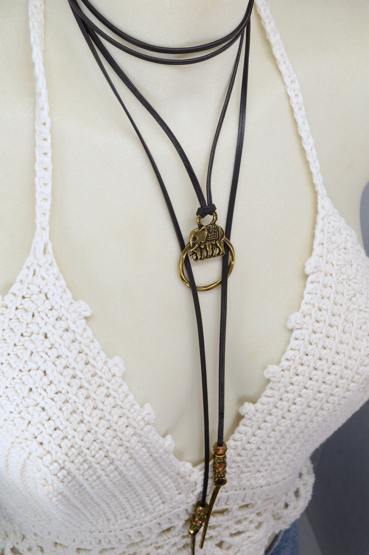 Boho Leather Cord Necklace | Elephant Pendant for Luck | Festival-Ready Adjustable Wrap