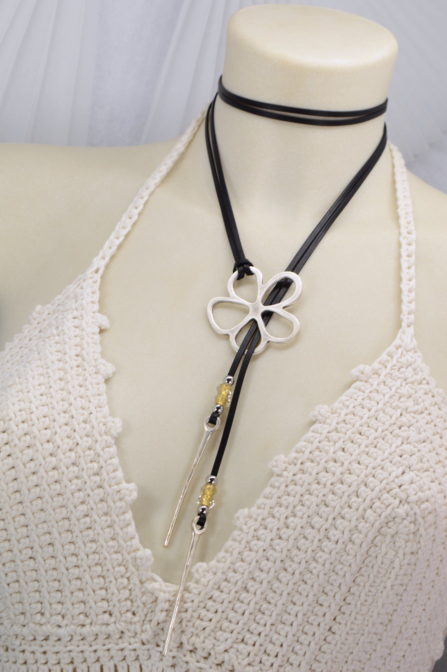 Leather Cord Necklace with Silver Flower Pendant | Boho Jewelry with Czech Glass Beads | Adjustable Wrap Choker