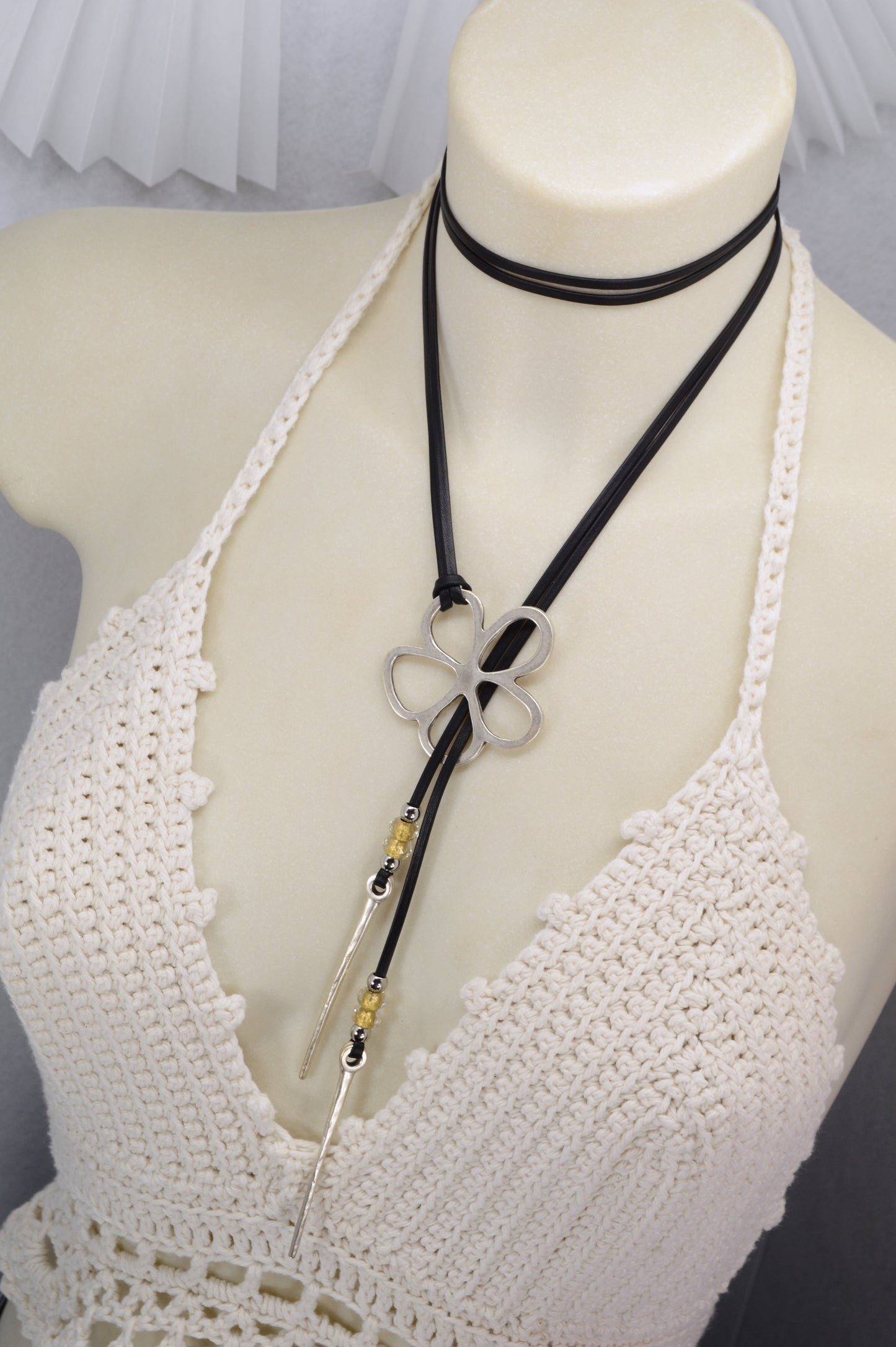 Leather Cord Necklace with Silver Flower Pendant | Boho Jewelry with Czech Glass Beads | Adjustable Wrap Choker