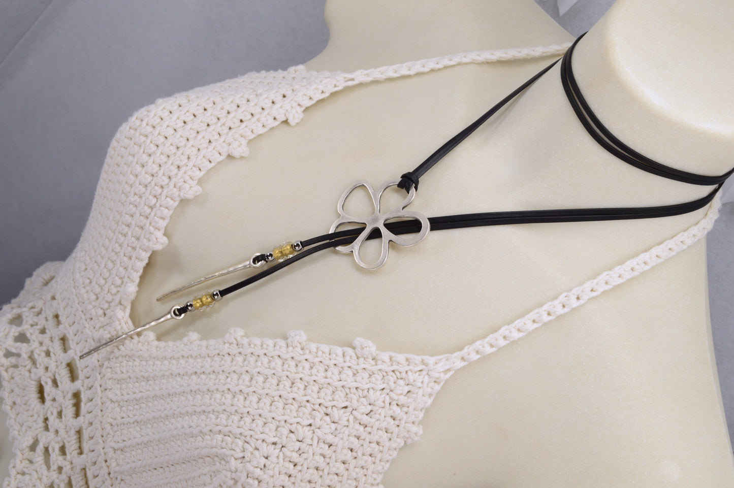 Leather Cord Necklace with Silver Flower Pendant | Boho Jewelry with Czech Glass Beads | Adjustable Wrap Choker