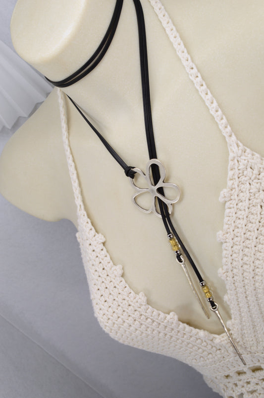 Leather Cord Necklace with Silver Flower Pendant | Boho Jewelry with Czech Glass Beads | Adjustable Wrap Choker