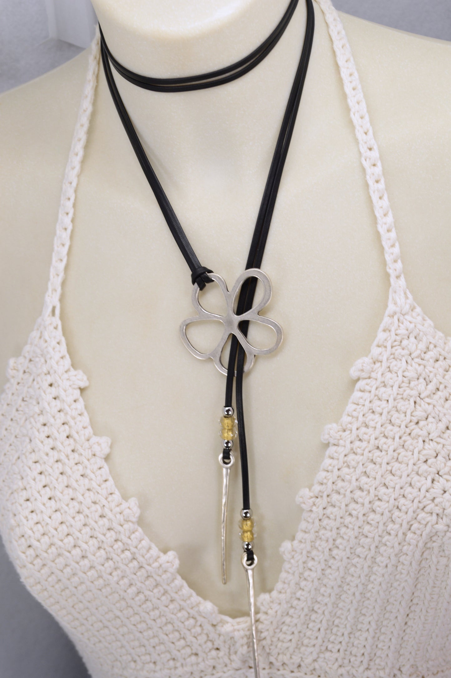 Leather Cord Necklace with Silver Flower Pendant | Boho Jewelry with Czech Glass Beads | Adjustable Wrap Choker