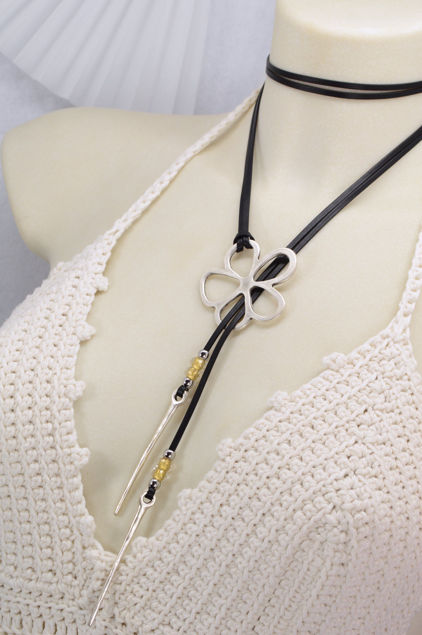 Leather Cord Necklace with Silver Flower Pendant | Boho Jewelry with Czech Glass Beads | Adjustable Wrap Choker