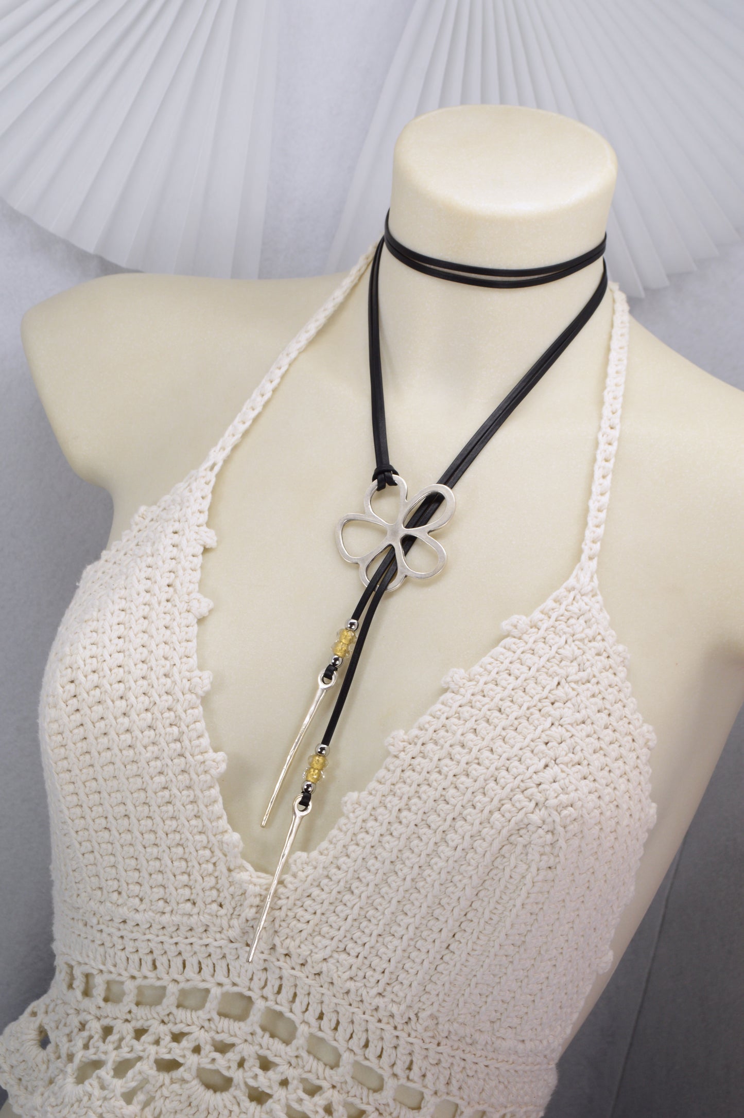 Leather Cord Necklace with Silver Flower Pendant | Boho Jewelry with Czech Glass Beads | Adjustable Wrap Choker