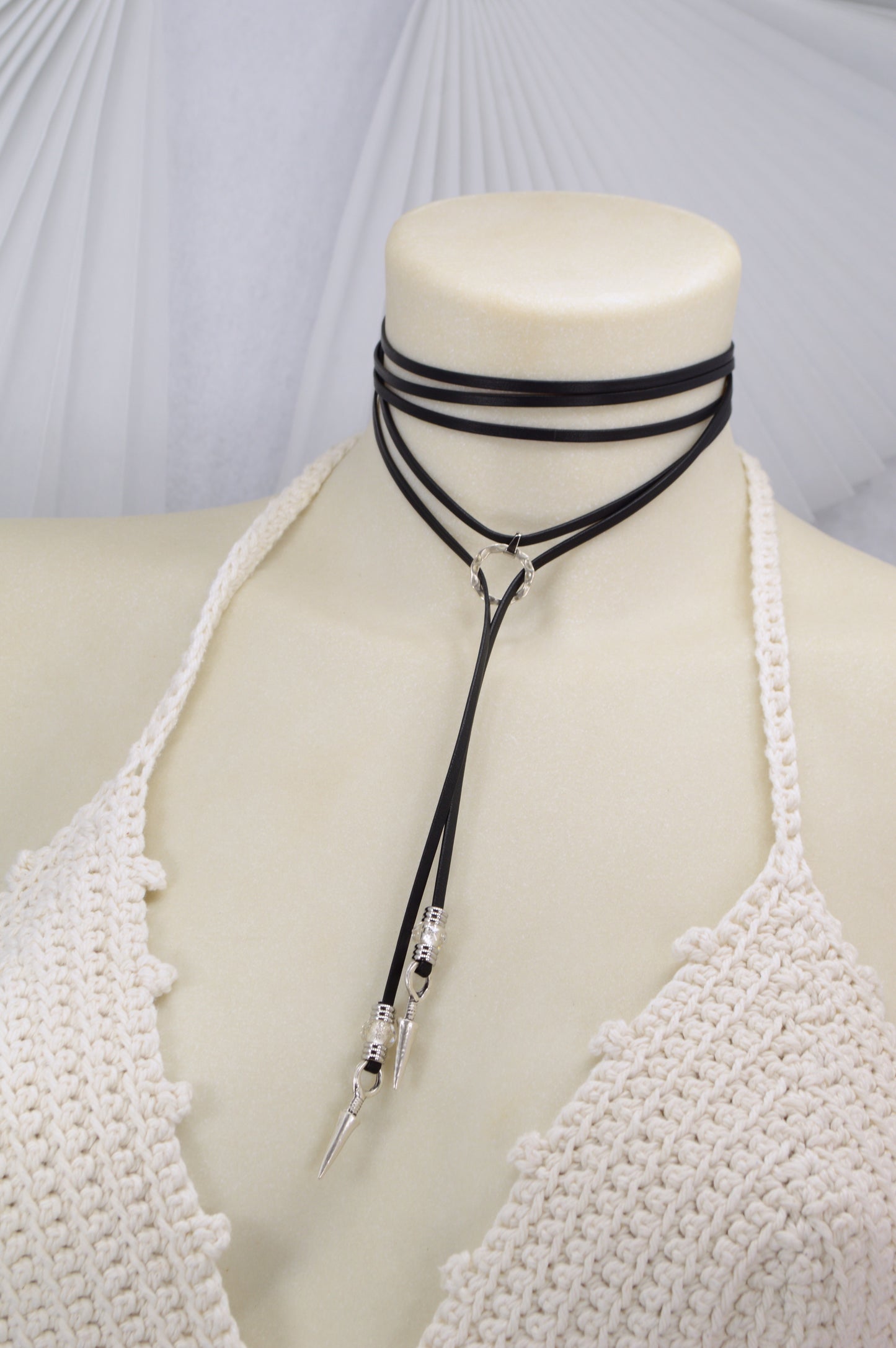 Leather Wrap Choker Necklace | Edgy Boho Festival Jewelry | Black Cord with Silver Spikes