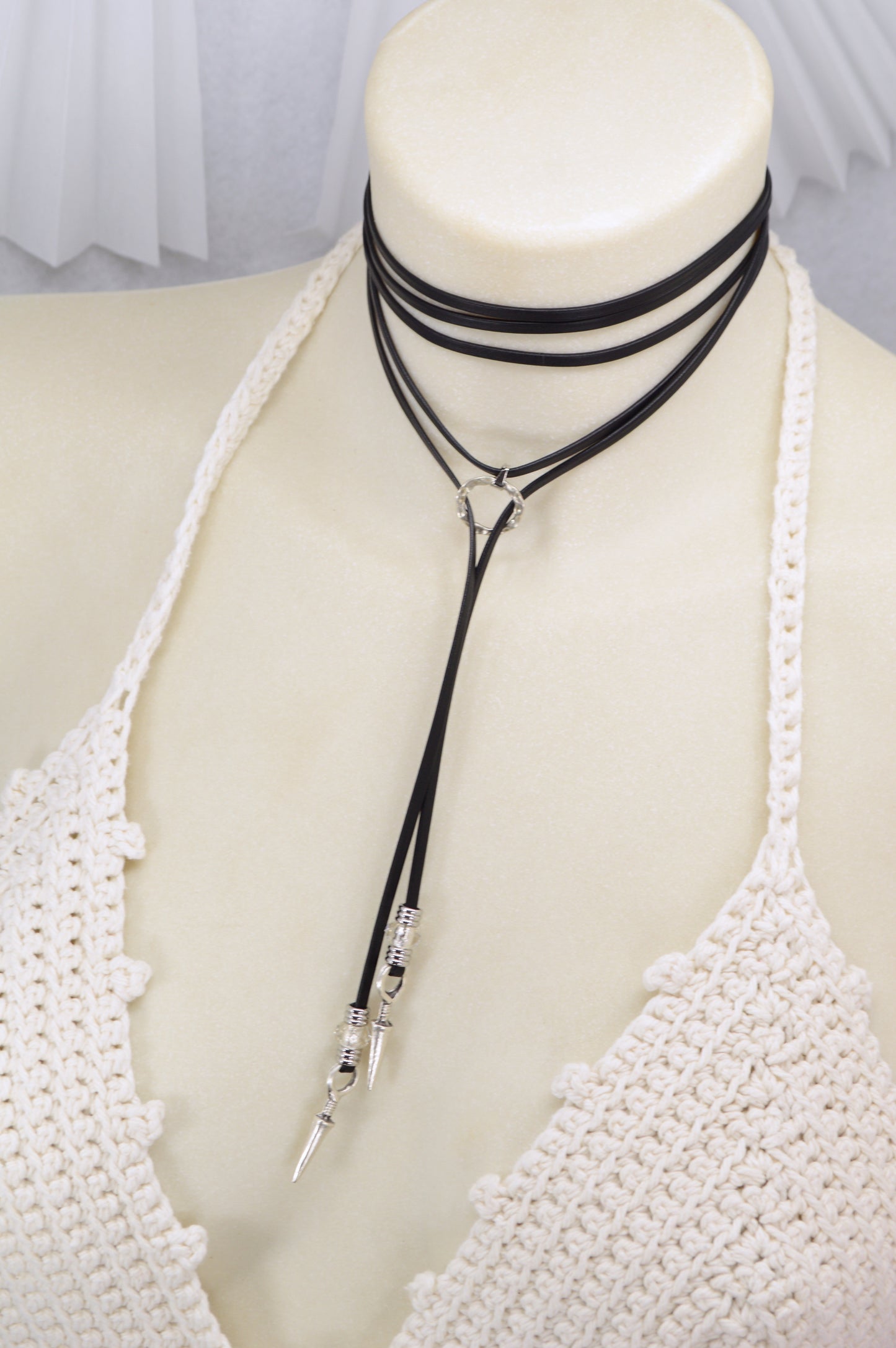 Leather Wrap Choker Necklace | Edgy Boho Festival Jewelry | Black Cord with Silver Spikes
