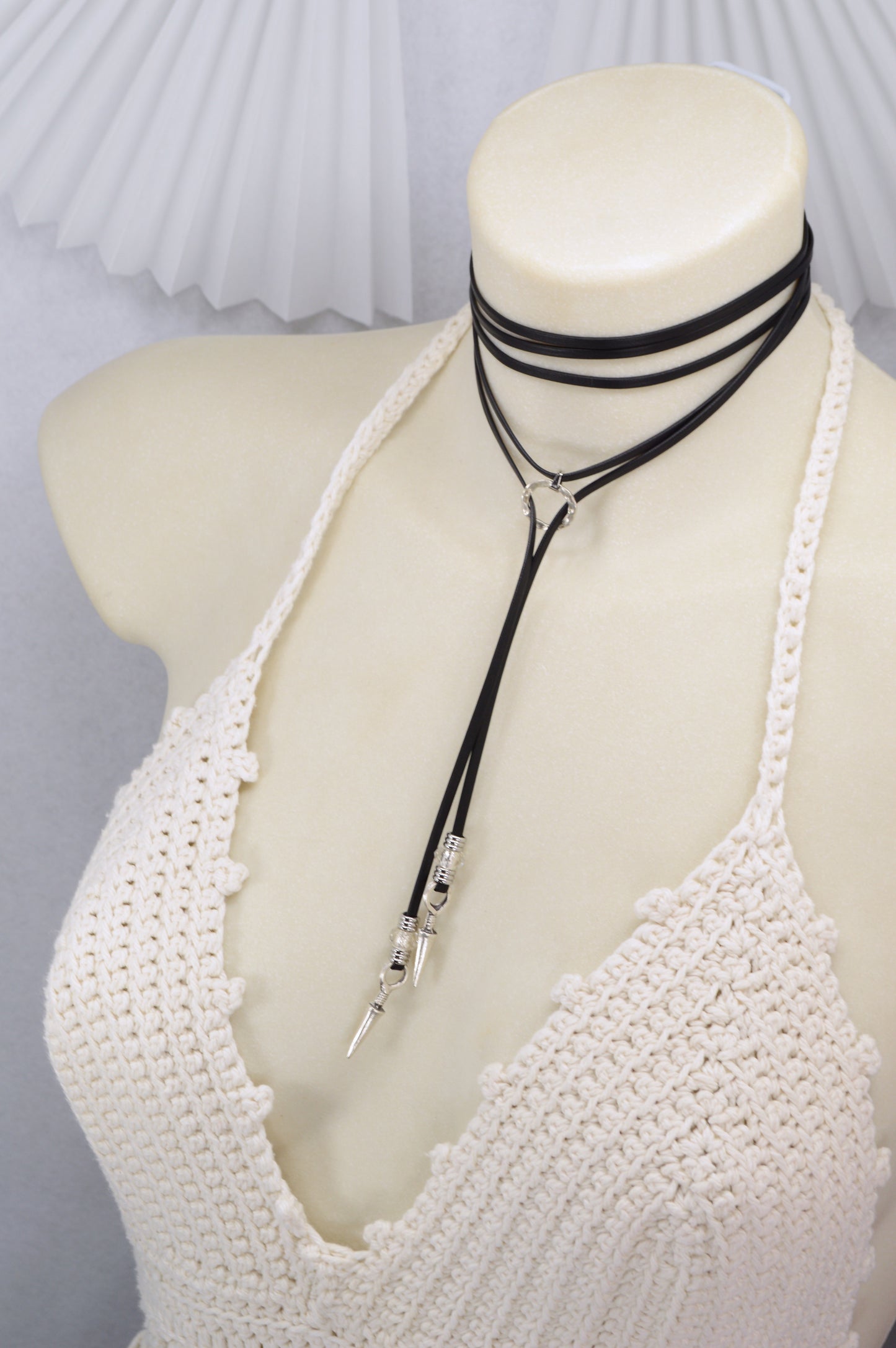 Leather Wrap Choker Necklace | Edgy Boho Festival Jewelry | Black Cord with Silver Spikes