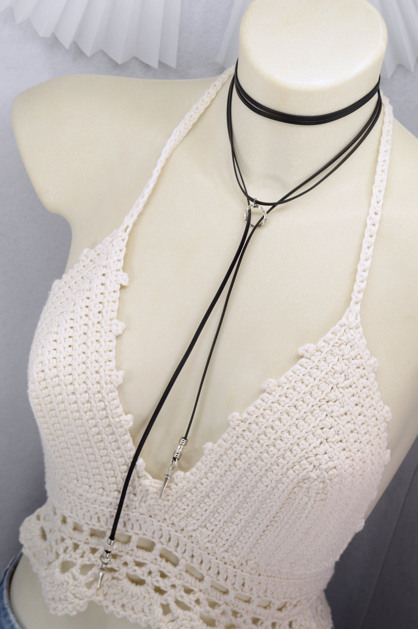 Leather Wrap Choker Necklace | Edgy Boho Festival Jewelry | Black Cord with Silver Spikes