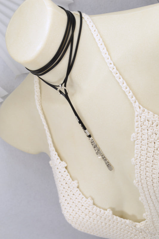 Boho Tribal Leather Choker Necklace – Festival Jewelry with Ethnic Silver Pendants