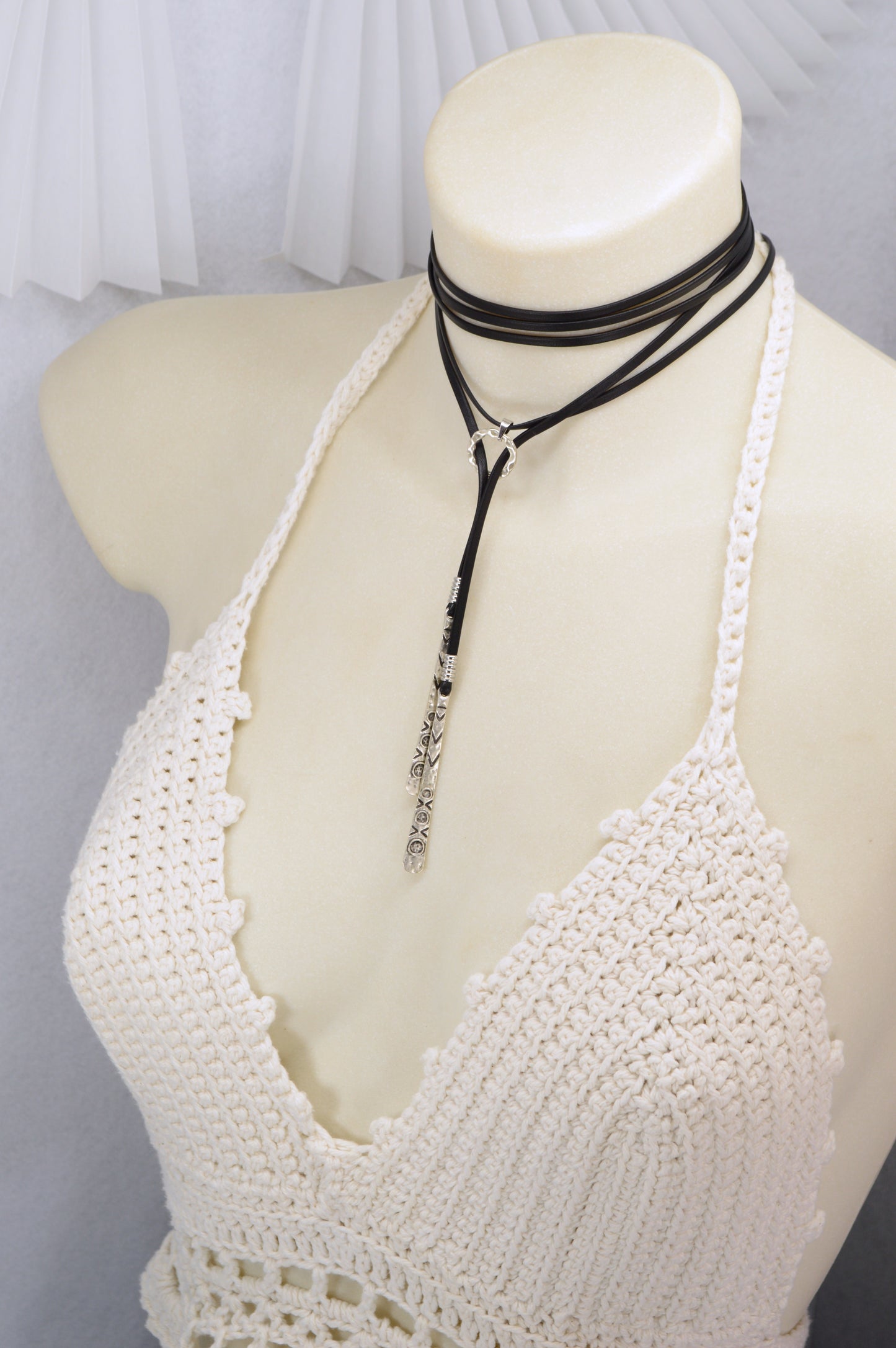 Boho Tribal Leather Choker Necklace – Festival Jewelry with Ethnic Silver Pendants