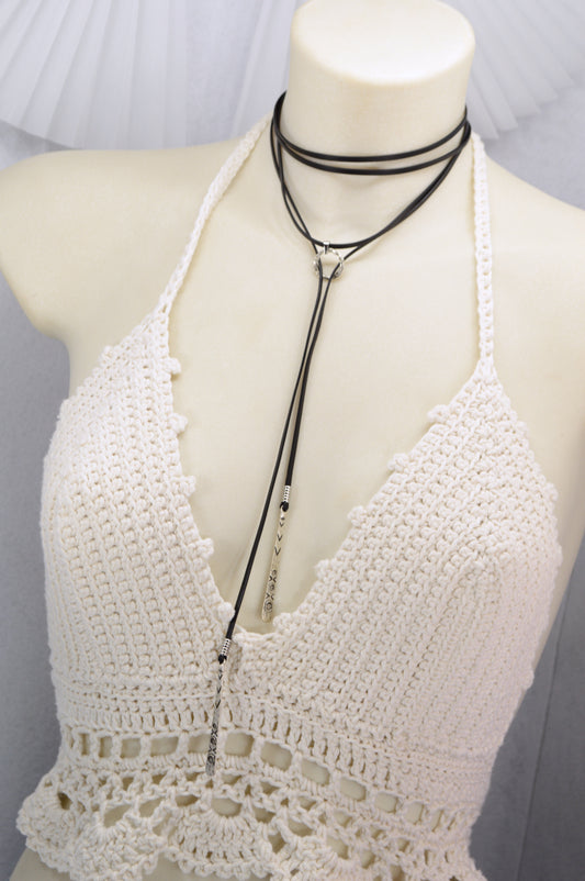 Boho Tribal Leather Choker Necklace – Festival Jewelry with Ethnic Silver Pendants