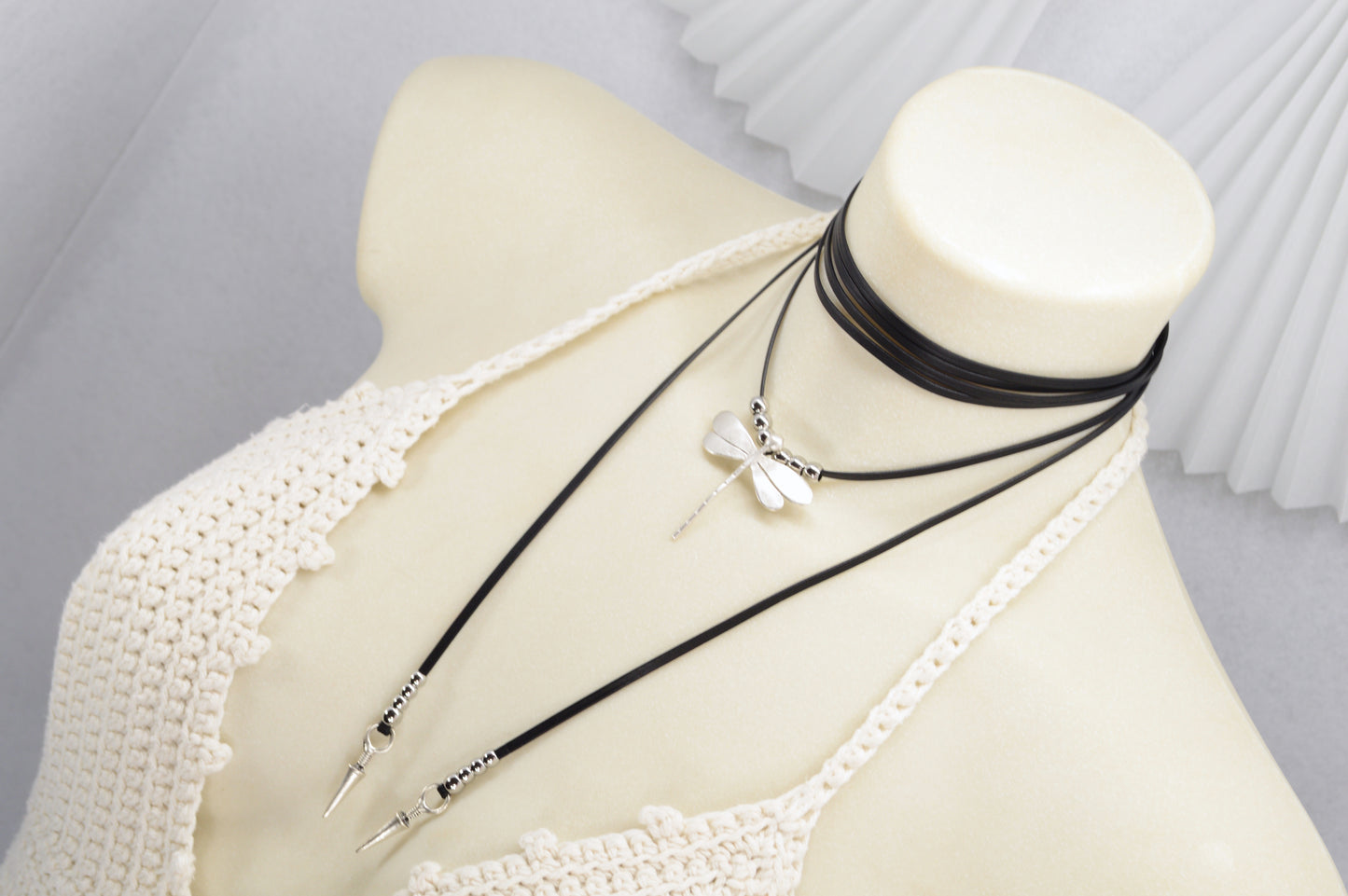 Dragonfly Spirit Necklace | Boho Leather Choker with Silver Charm & Spikes