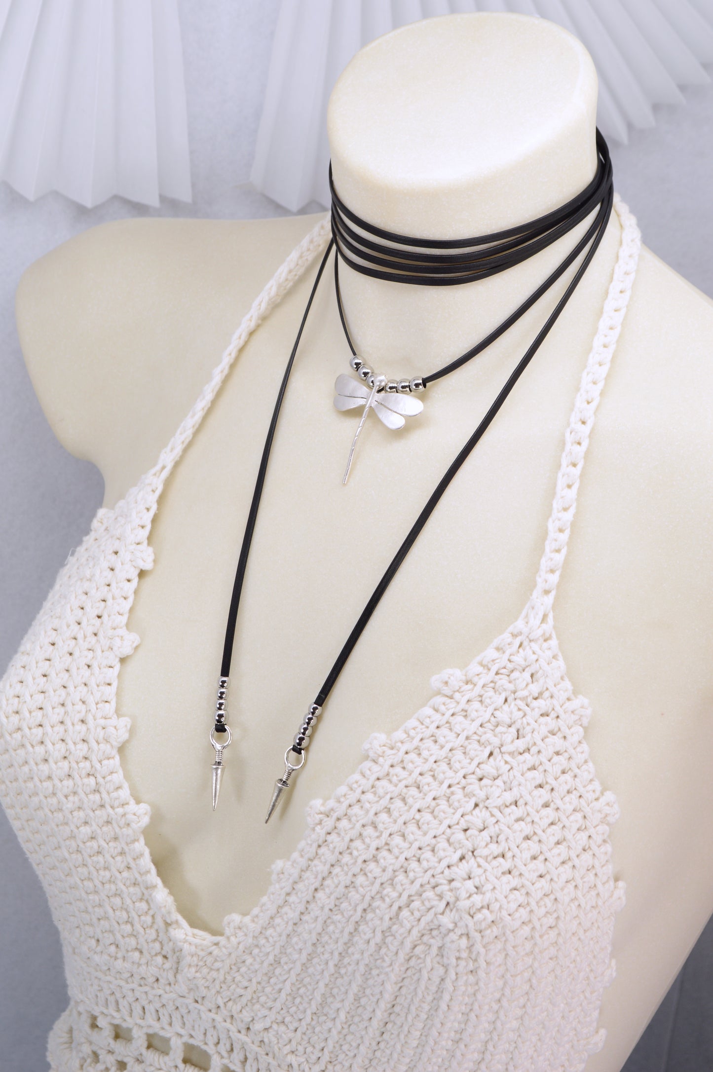 Dragonfly Spirit Necklace | Boho Leather Choker with Silver Charm & Spikes
