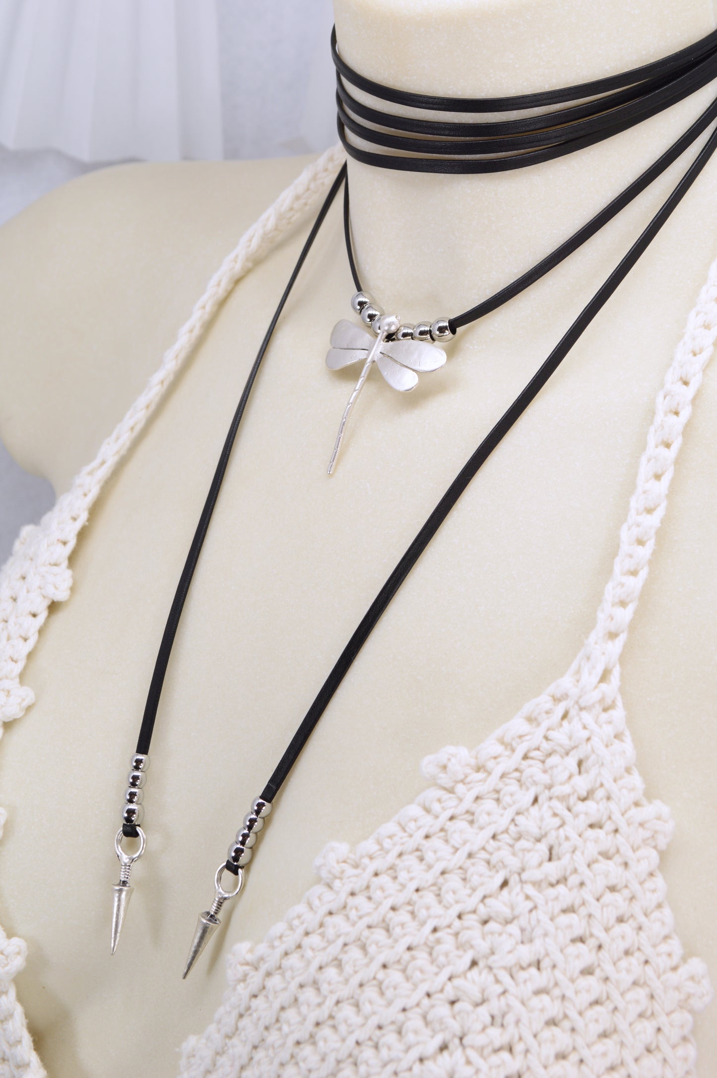 Dragonfly Spirit Necklace | Boho Leather Choker with Silver Charm & Spikes