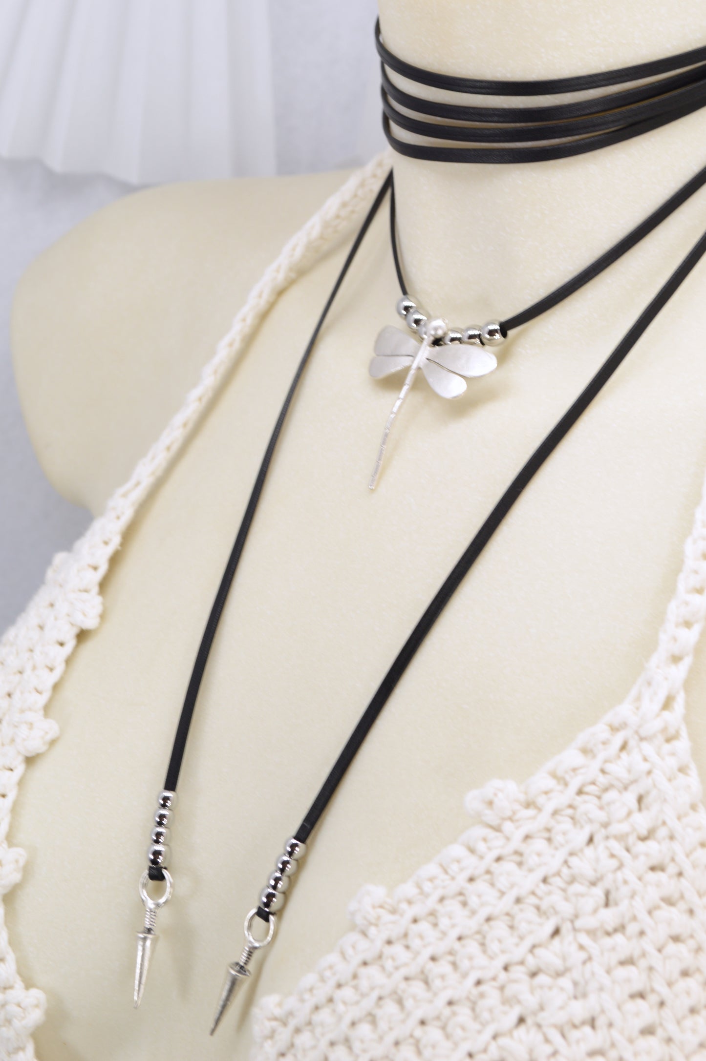 Dragonfly Spirit Necklace | Boho Leather Choker with Silver Charm & Spikes