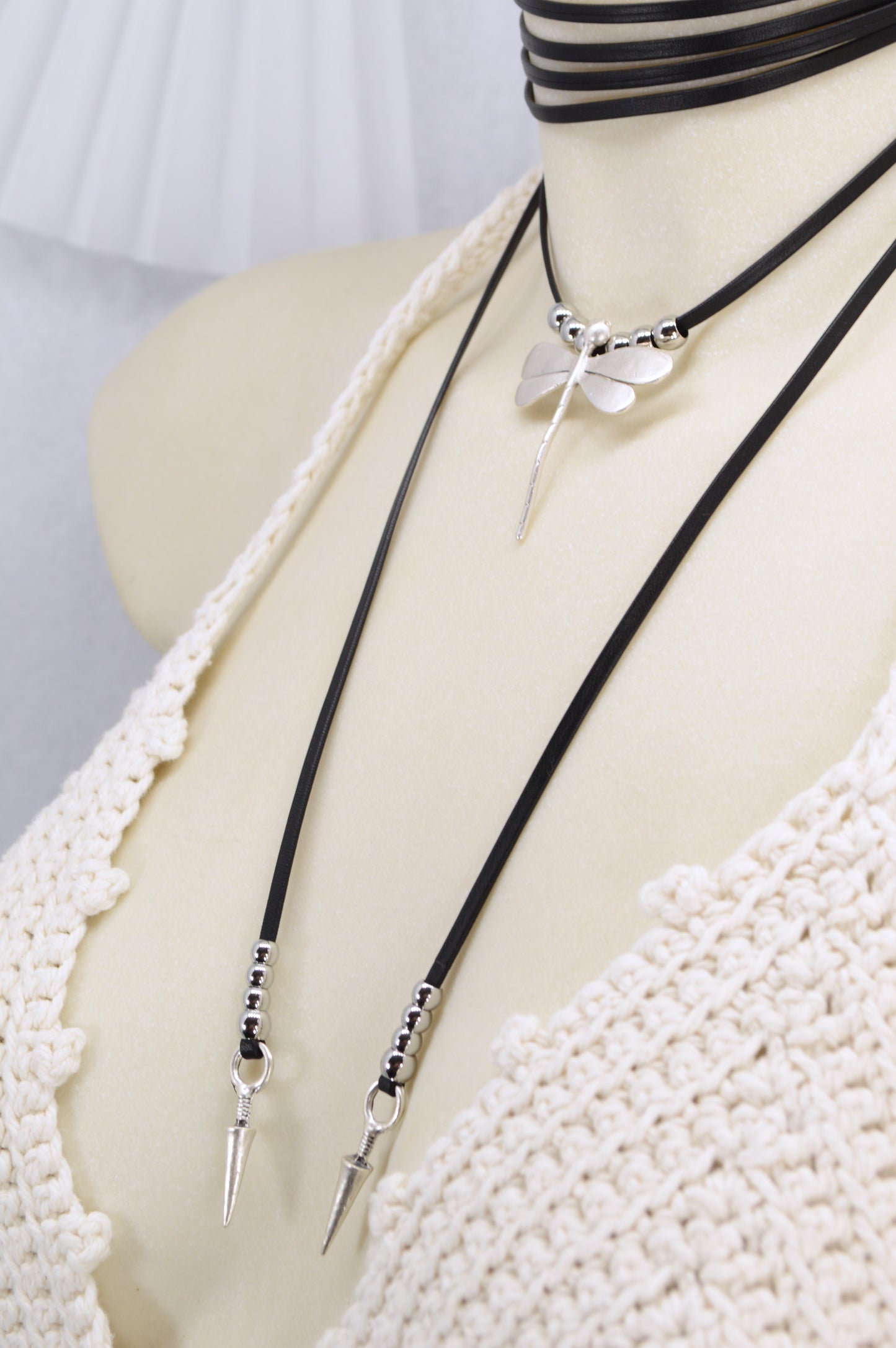 Dragonfly Spirit Necklace | Boho Leather Choker with Silver Charm & Spikes