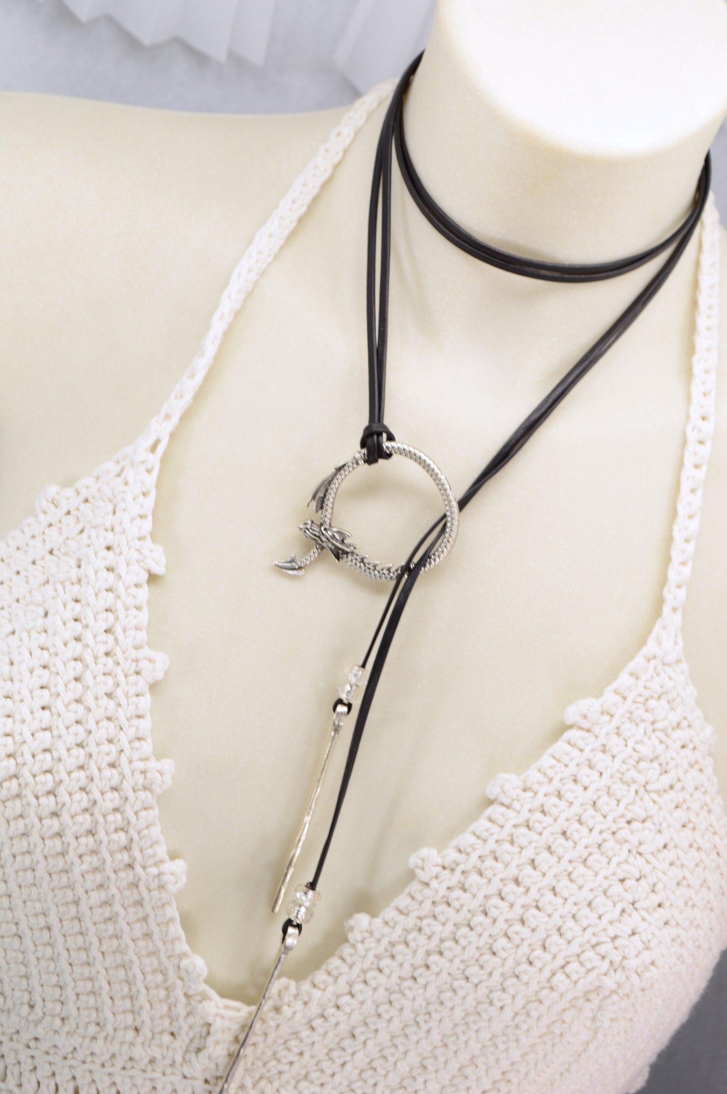 Dragon Circle Necklace | Boho Leather Choker with Silver Dragon Charm