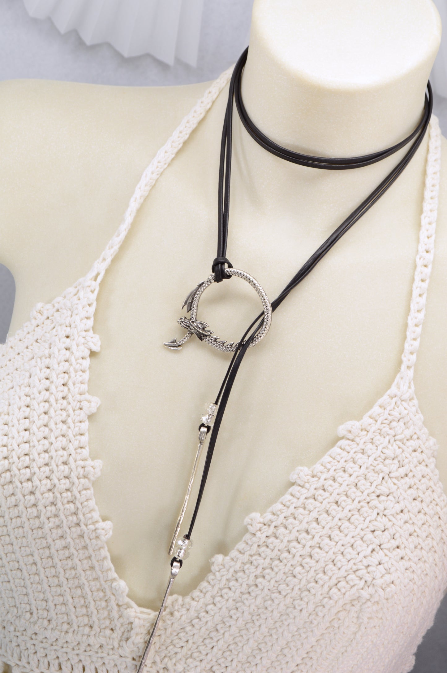 Dragon Circle Necklace | Boho Leather Choker with Silver Dragon Charm