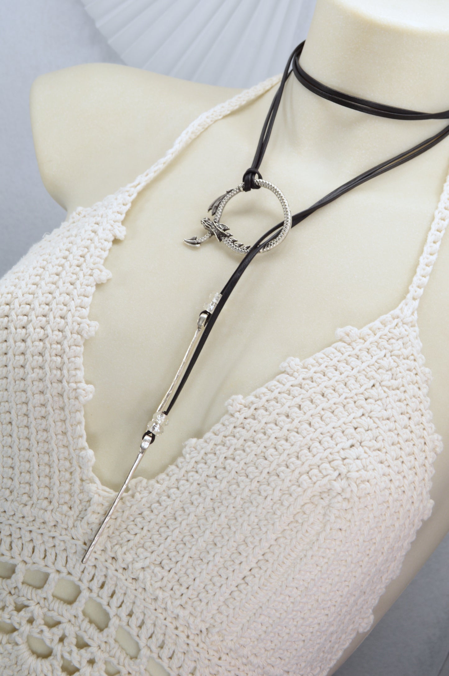 Dragon Circle Necklace | Boho Leather Choker with Silver Dragon Charm
