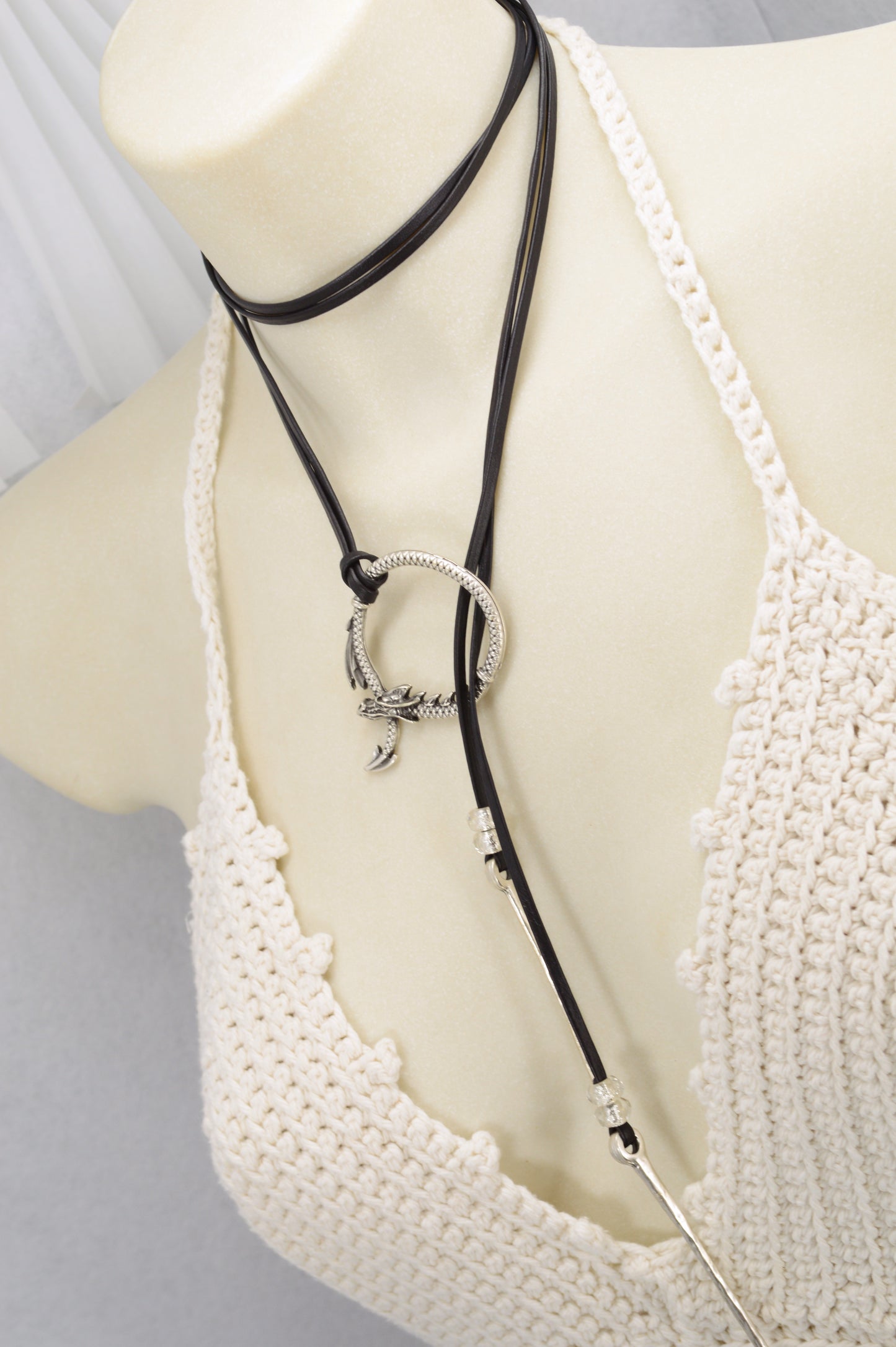 Dragon Circle Necklace | Boho Leather Choker with Silver Dragon Charm