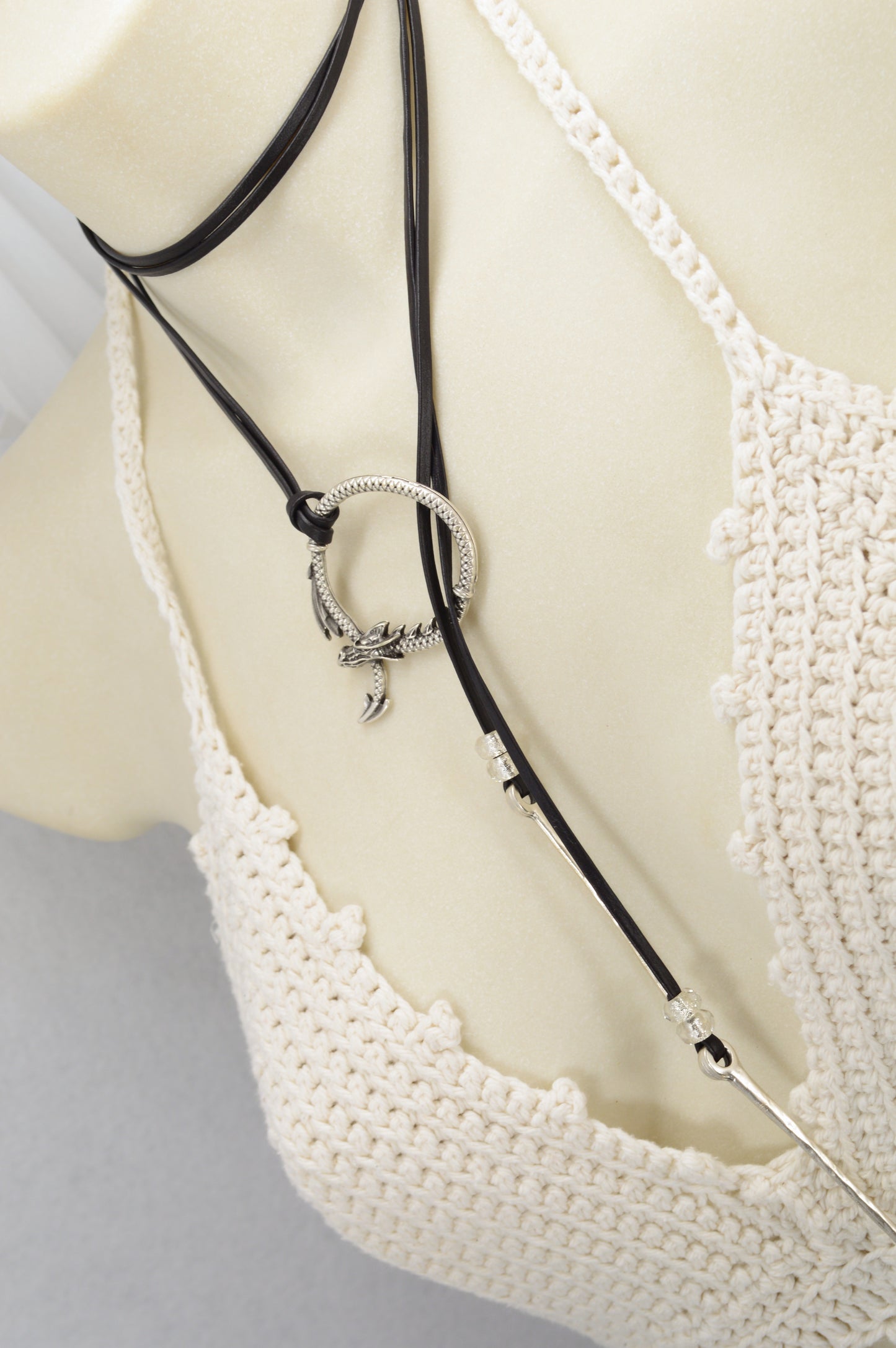 Dragon Circle Necklace | Boho Leather Choker with Silver Dragon Charm