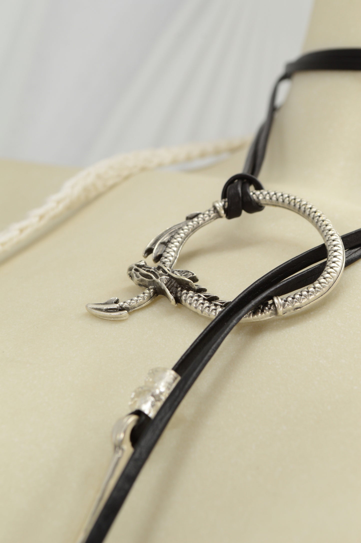 Dragon Circle Necklace | Boho Leather Choker with Silver Dragon Charm