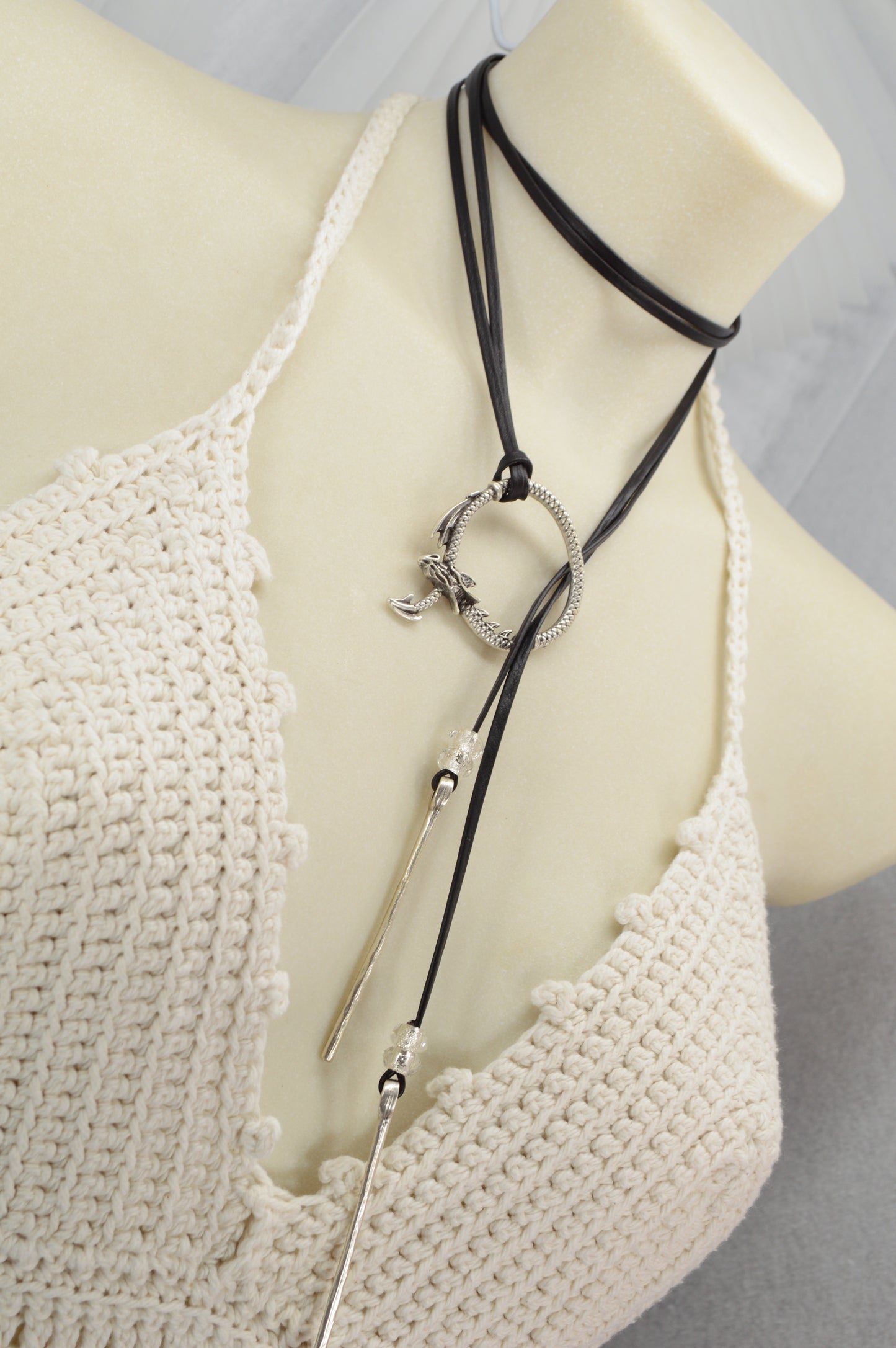 Dragon Circle Necklace | Boho Leather Choker with Silver Dragon Charm