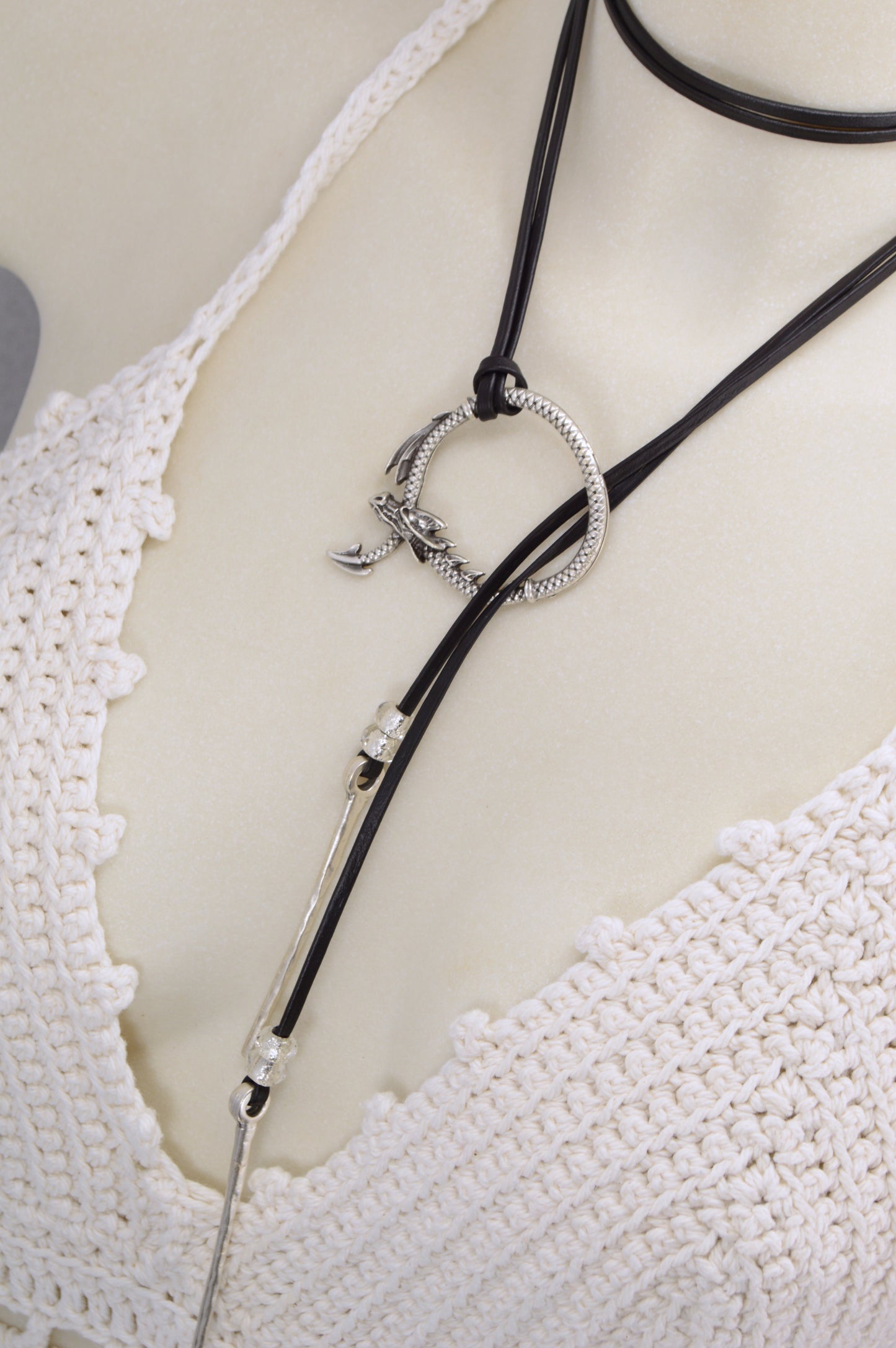 Dragon Circle Necklace | Boho Leather Choker with Silver Dragon Charm