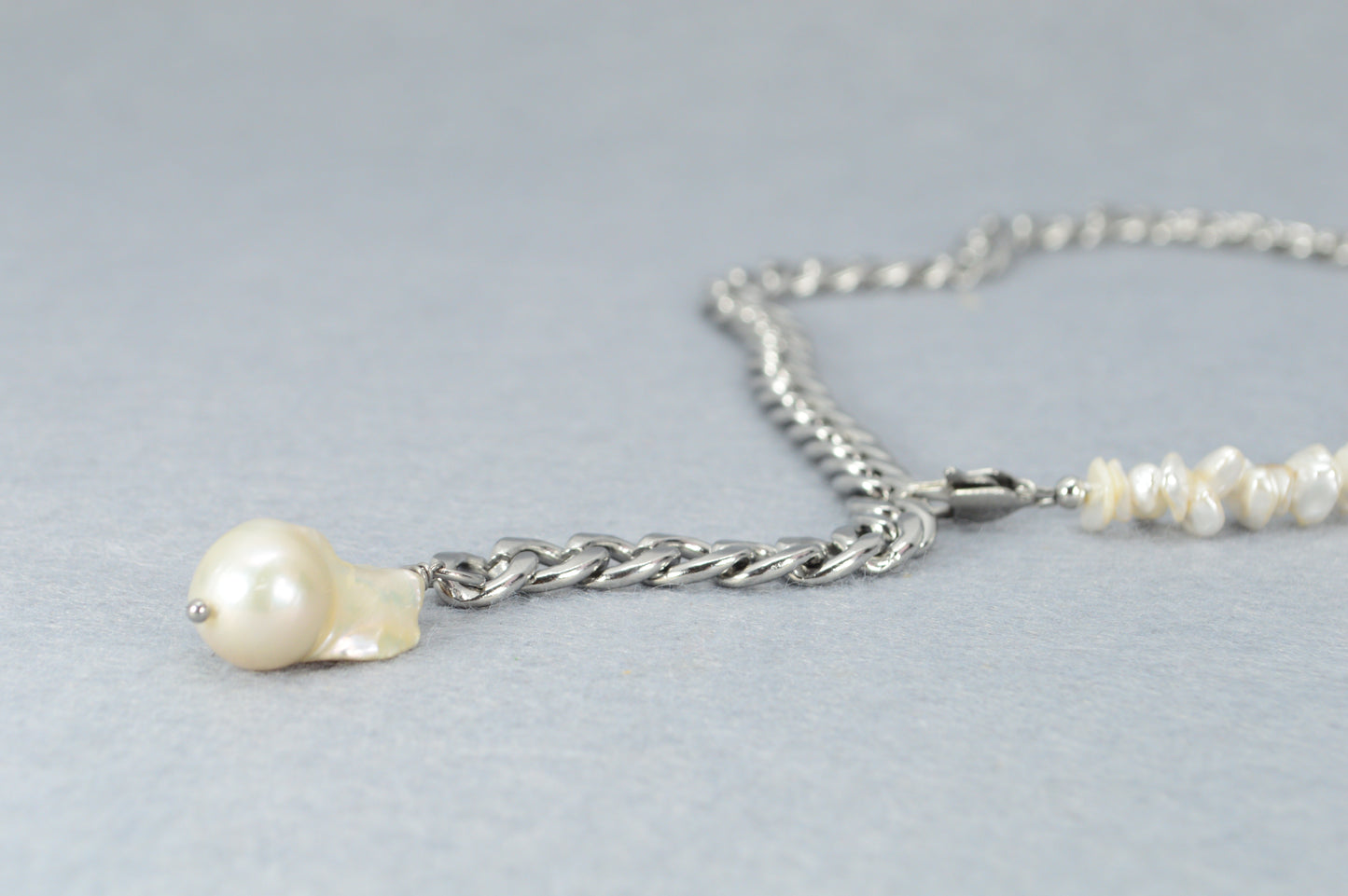 Mother-of-Pearl & Stainless Steel Chain Necklace with Natural Pearl Drop