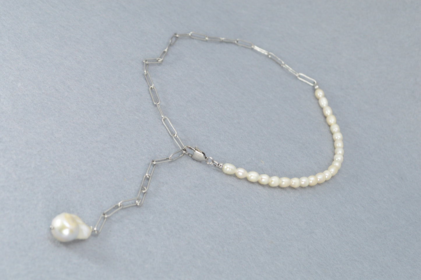 Silver Pearl Drop Necklace | Stainless Steel & Freshwater Pearls | Modern Minimalist Lariat