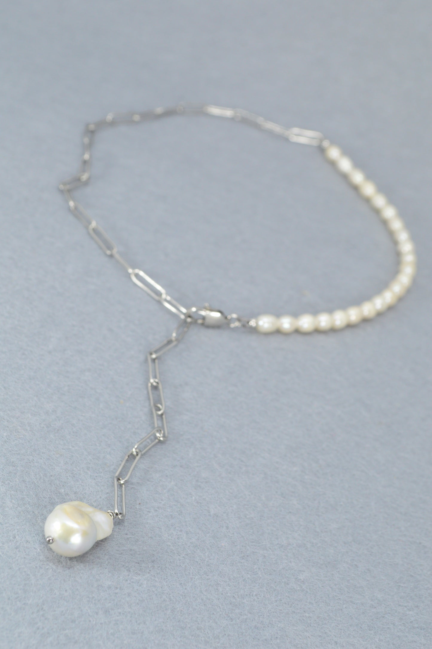 Silver Pearl Drop Necklace | Stainless Steel & Freshwater Pearls | Modern Minimalist Lariat