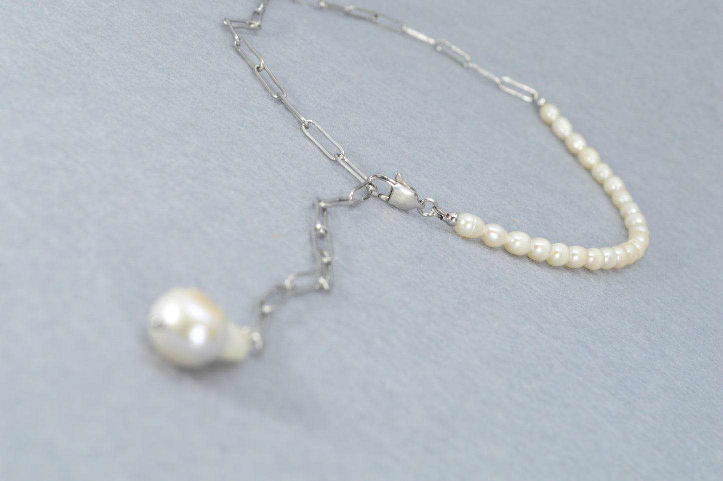 Silver Pearl Drop Necklace | Stainless Steel & Freshwater Pearls | Modern Minimalist Lariat