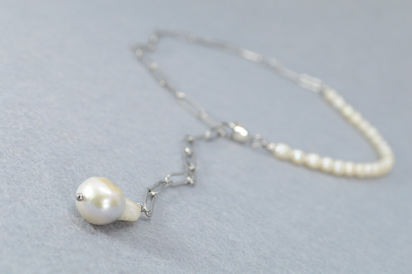 Silver Pearl Drop Necklace | Stainless Steel & Freshwater Pearls | Modern Minimalist Lariat
