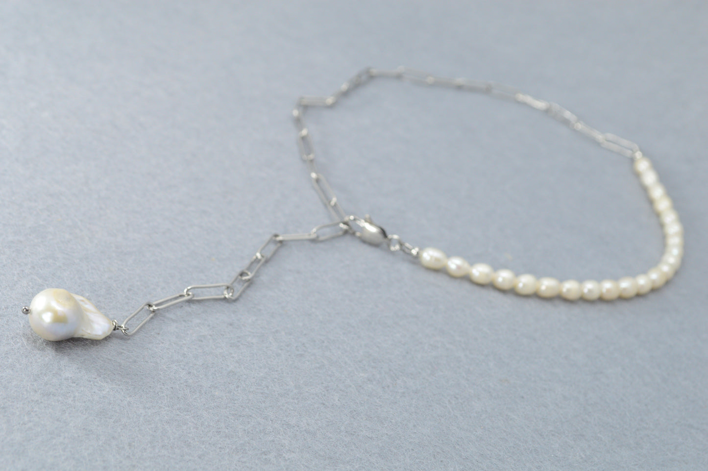 Silver Pearl Drop Necklace | Stainless Steel & Freshwater Pearls | Modern Minimalist Lariat
