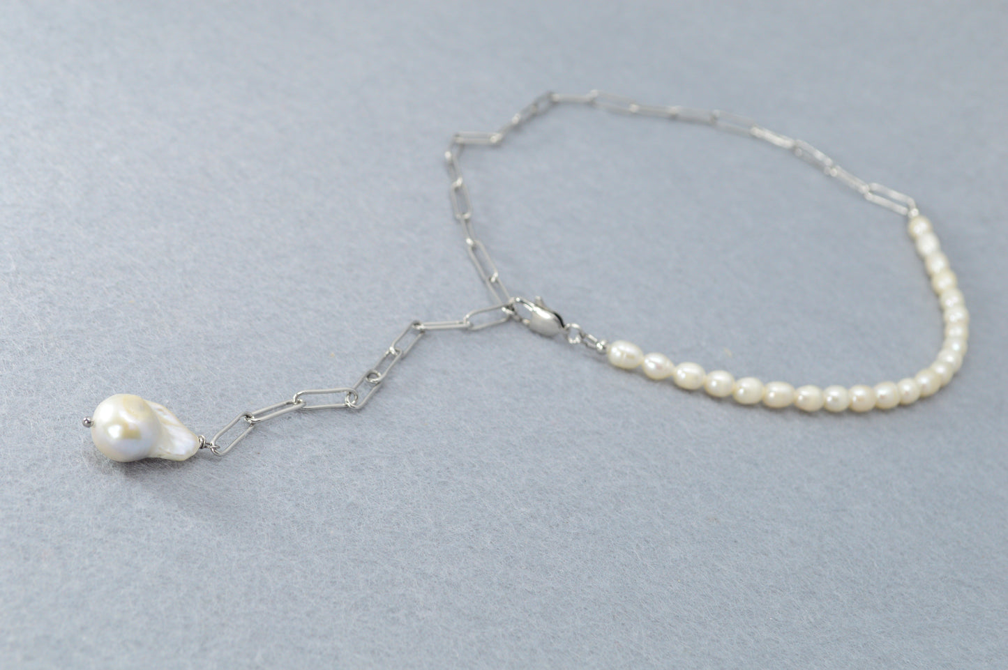 Silver Pearl Drop Necklace | Stainless Steel & Freshwater Pearls | Modern Minimalist Lariat