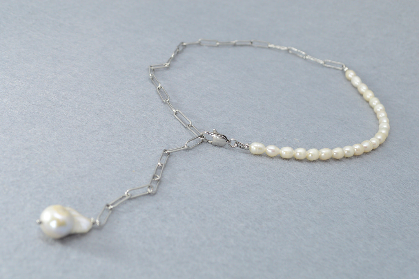 Silver Pearl Drop Necklace | Stainless Steel & Freshwater Pearls | Modern Minimalist Lariat