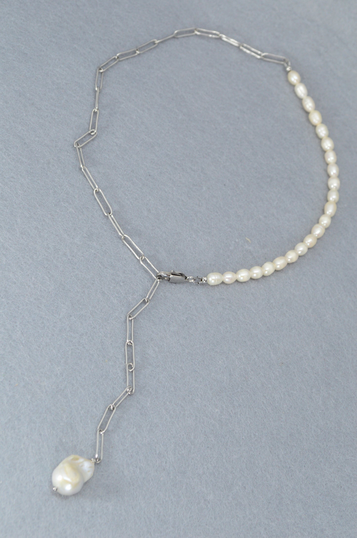 Silver Pearl Drop Necklace | Stainless Steel & Freshwater Pearls | Modern Minimalist Lariat