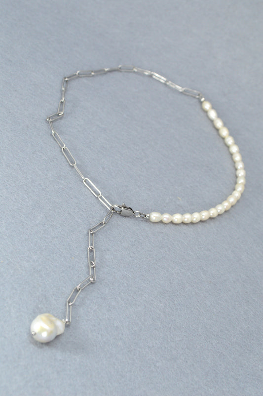 Silver Pearl Drop Necklace | Stainless Steel & Freshwater Pearls | Modern Minimalist Lariat