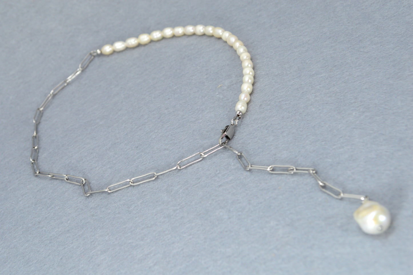 Silver Pearl Drop Necklace | Stainless Steel & Freshwater Pearls | Modern Minimalist Lariat