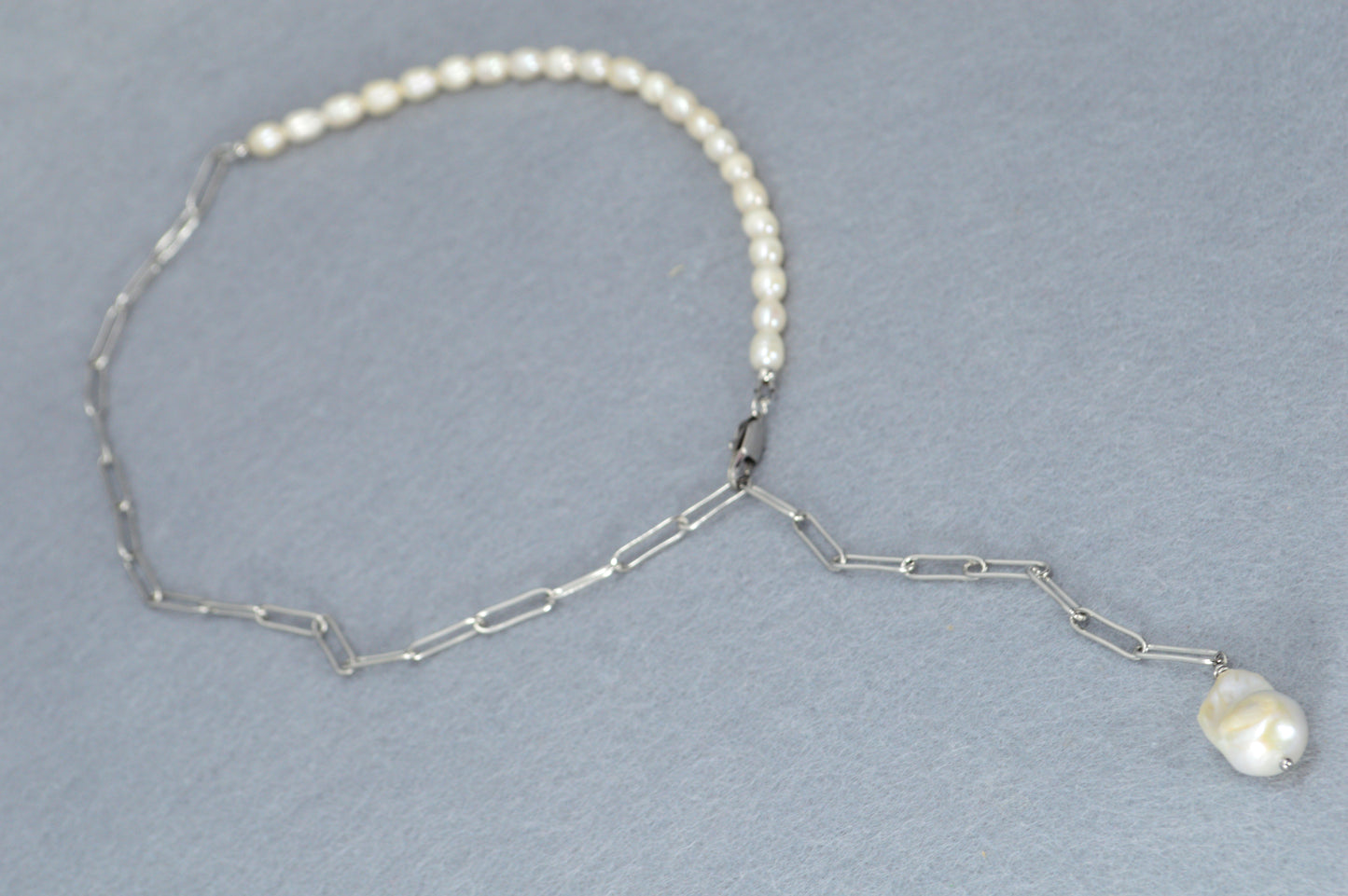 Silver Pearl Drop Necklace | Stainless Steel & Freshwater Pearls | Modern Minimalist Lariat