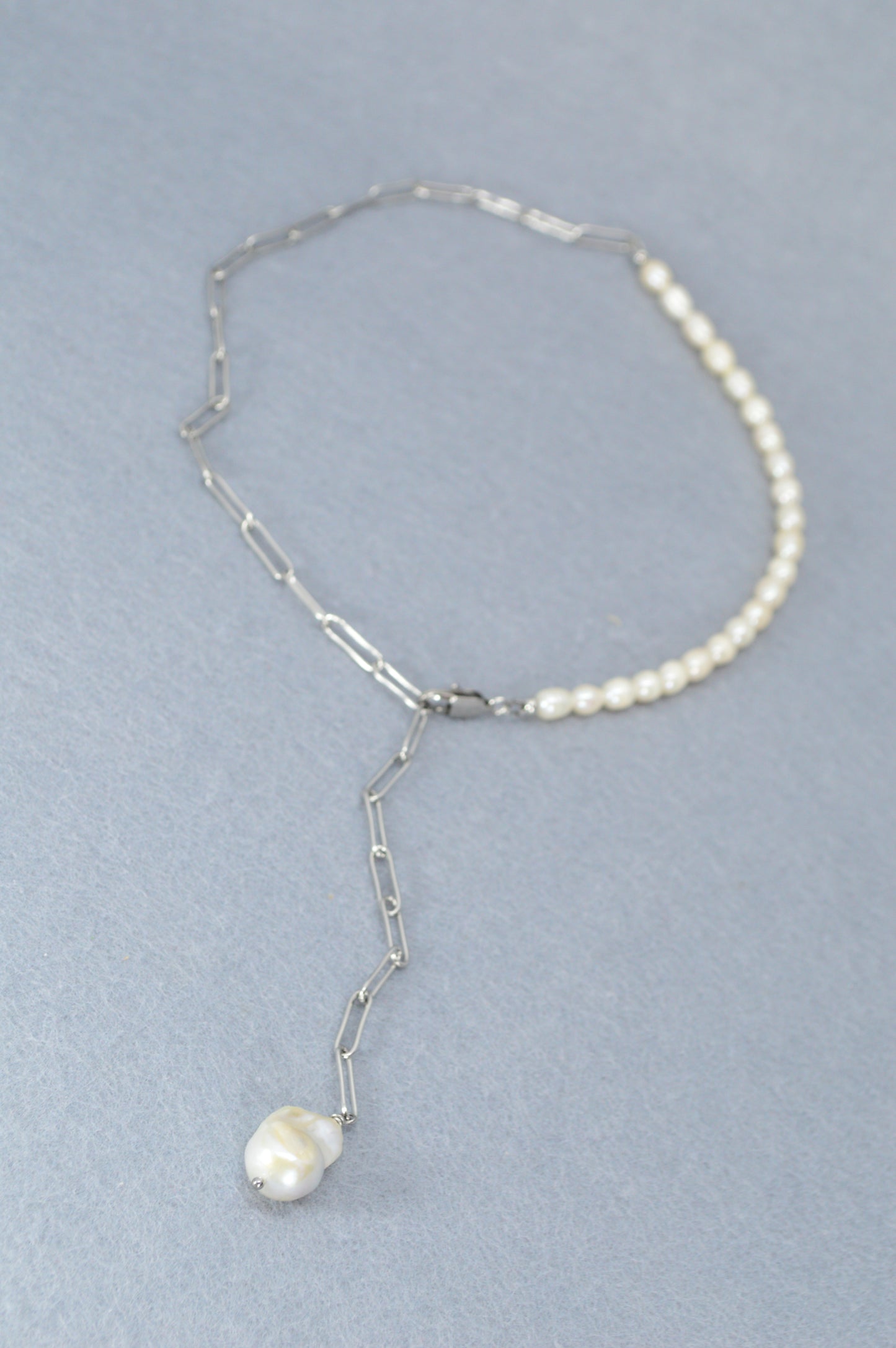 Silver Pearl Drop Necklace | Stainless Steel & Freshwater Pearls | Modern Minimalist Lariat