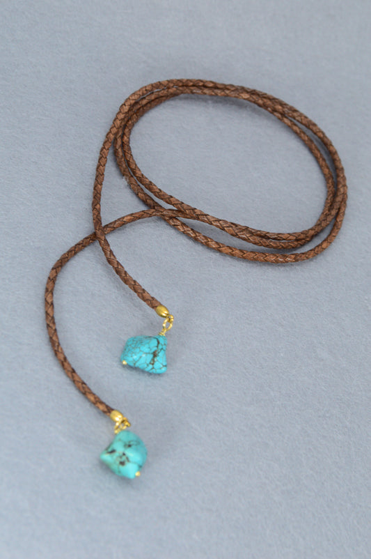 Boho Turquoise Wrap Necklace – Hippie Leather Choker with Natural Gemstones