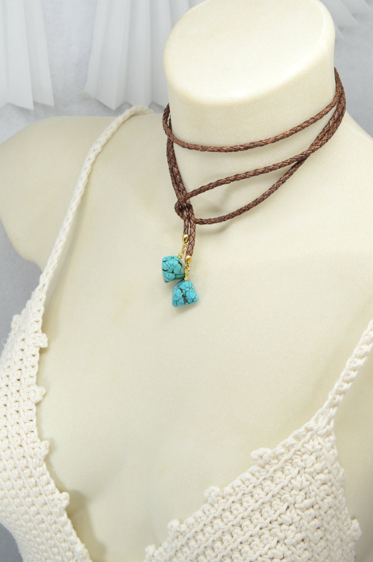 Boho Turquoise Wrap Necklace – Hippie Leather Choker with Natural Gemstones